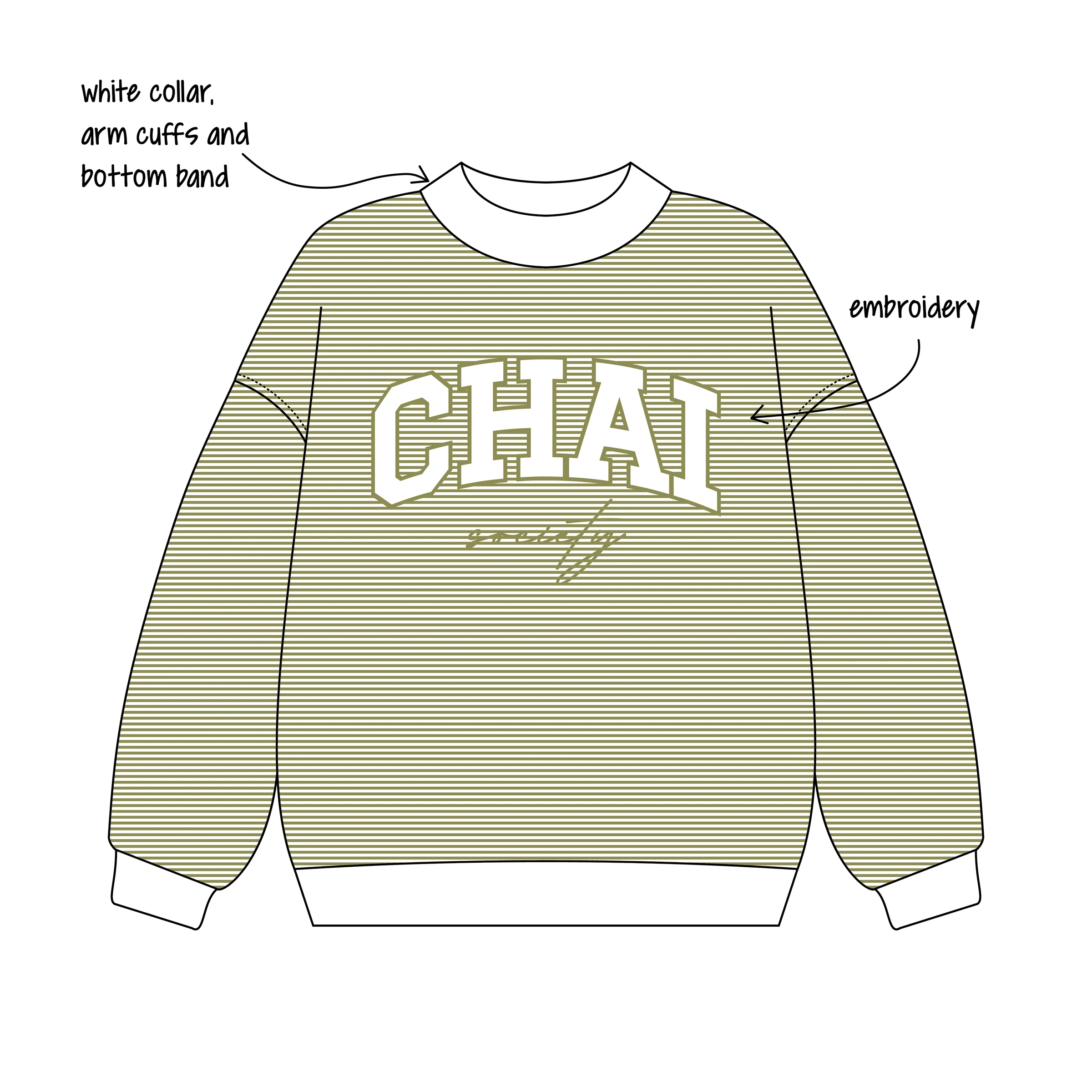 Working drawing of the Chai Society crewneck, with notes on the white collar, cuffs and band and the embroidery
