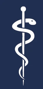 Rod of Asclepius, drawn in white line on navy, from the back print