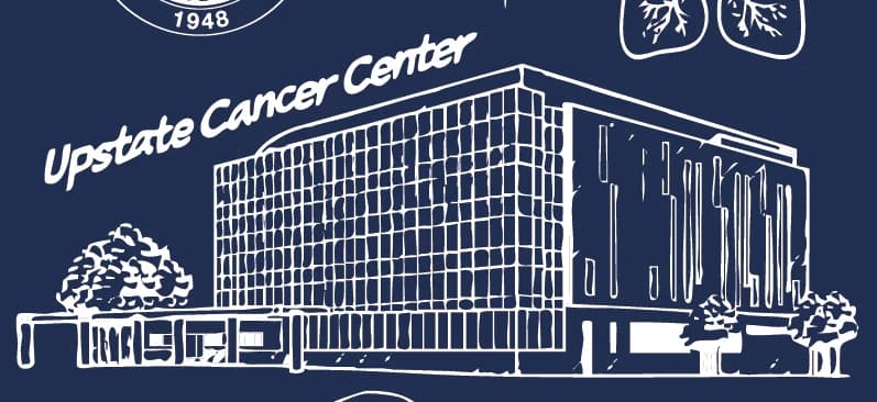 Upstate Cancer Center, drawn in white line on navy, from the back print