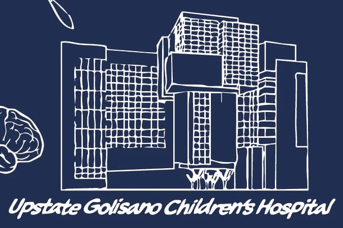 Upstate Golisano Children’s Hospital, drawn in white line on navy, from the back print