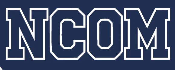 NCOM, drawn in white line on navy, from the back print