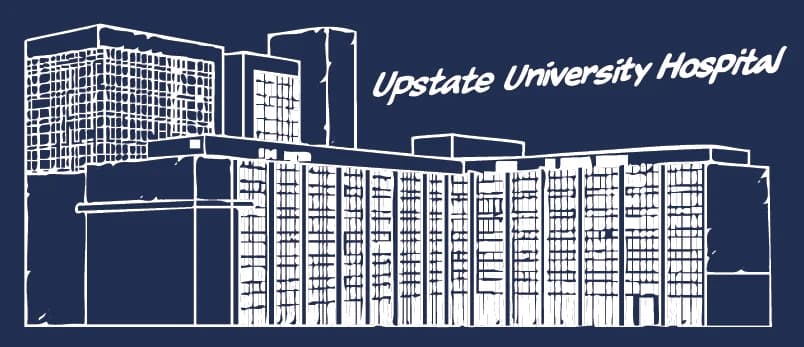 Upstate University Hospital, drawn in white line on navy, from the back print