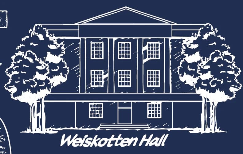 Weiskotten Hall, drawn in white line on navy, from the back print