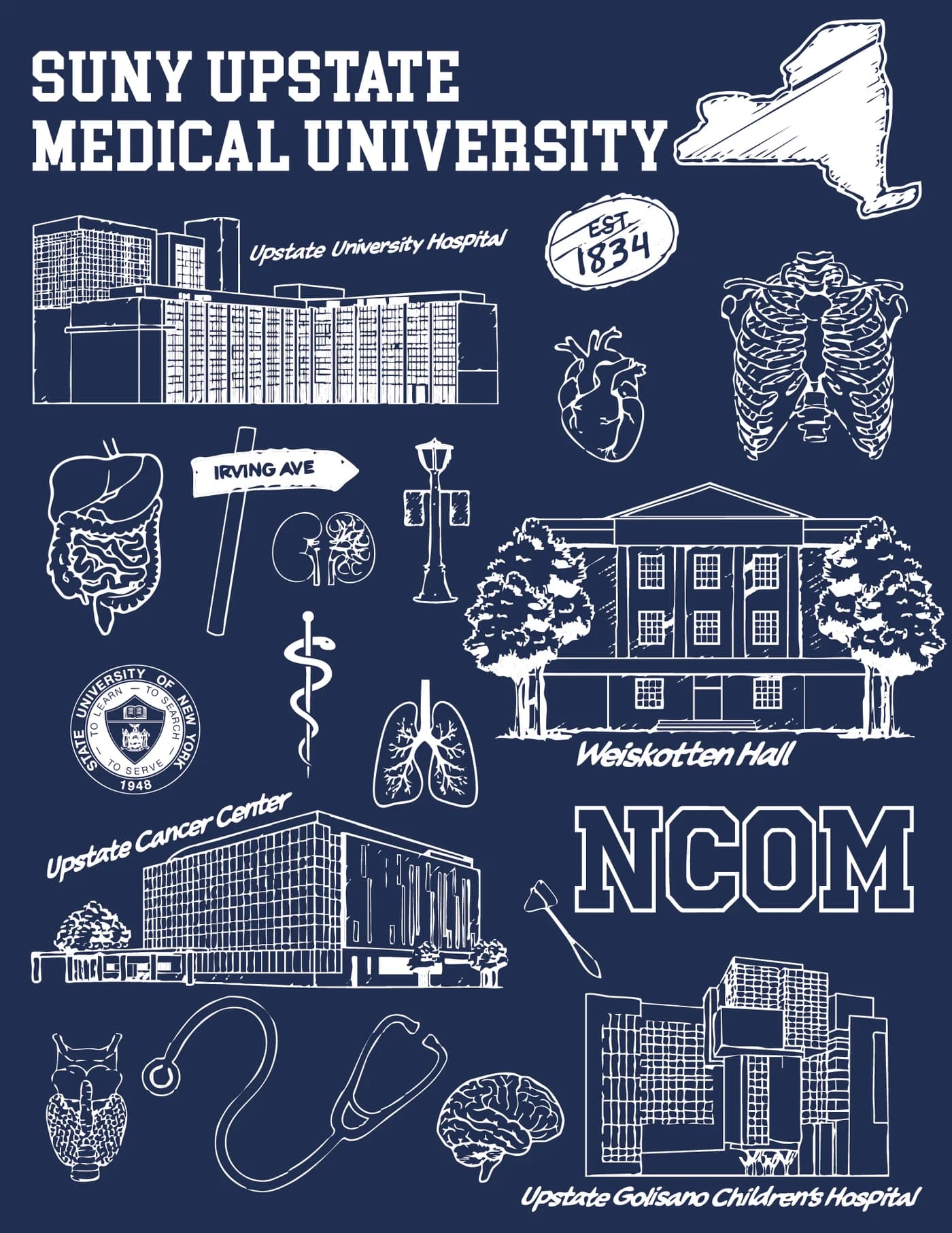 The back print on its own: white line drawings of Upstate’s hospitals, Weiskotten Hall, anatomy and NCOM on navy