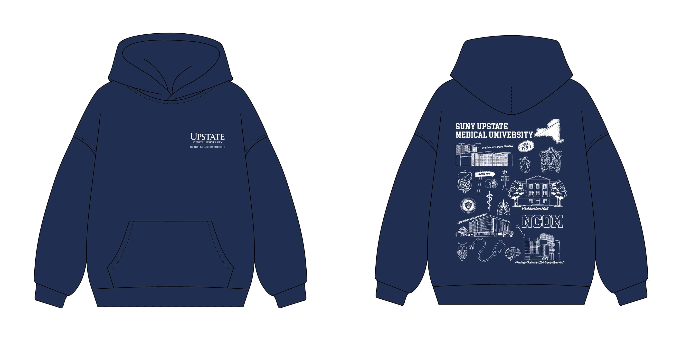 The flat drawing of the hoodie, front and back: the chest wordmark and the full back illustration
