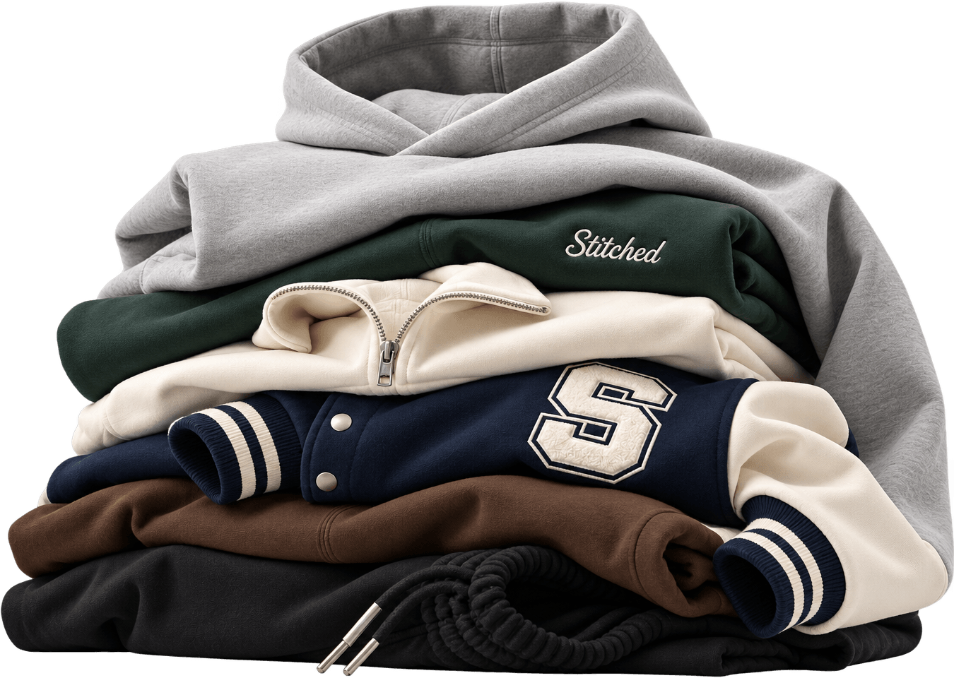 A folded stack of heavyweight garments: a gray hoodie, a green sweatshirt embroidered with “Stitched”, a cream quarter-zip, a navy and cream varsity jacket with a chenille S, and brown and black fleece.